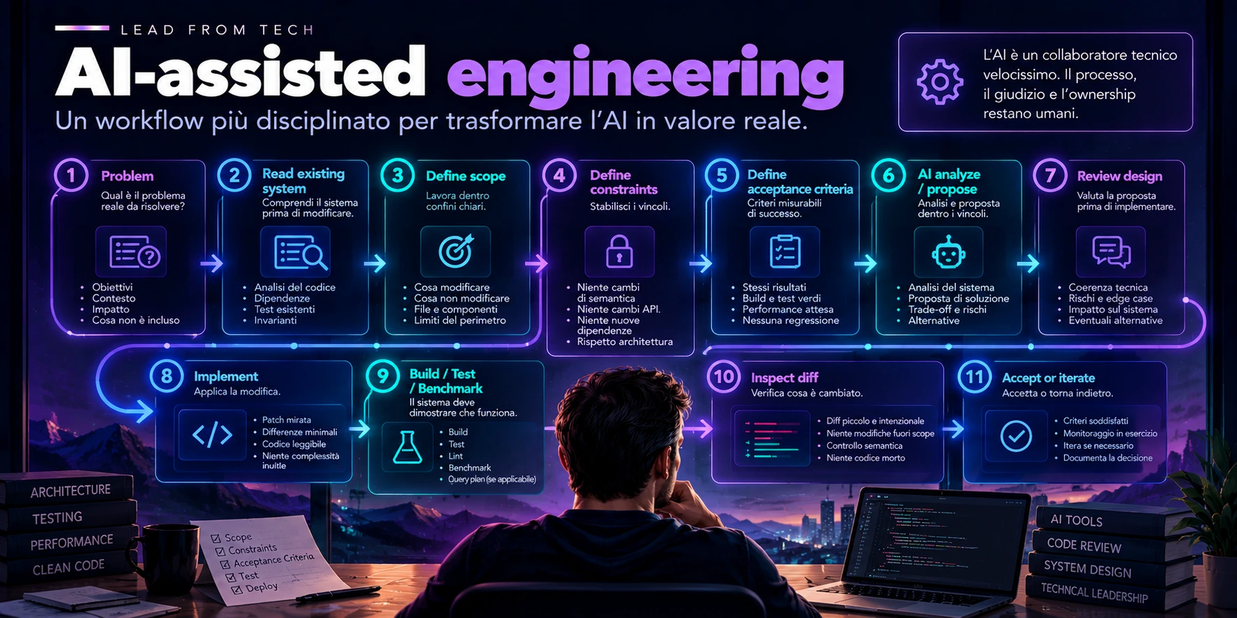 Workflow di AI-assisted engineering dalla definizione del problema fino alla verifica e all’iterazione