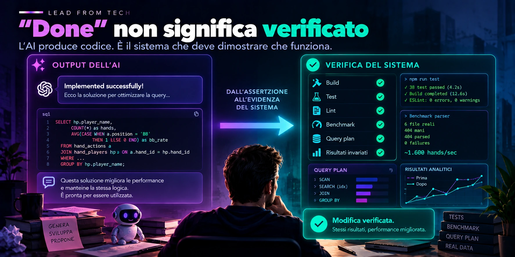 L’output dichiarato dall’AI viene confrontato con build, test, lint, benchmark, query plan e risultati invariati