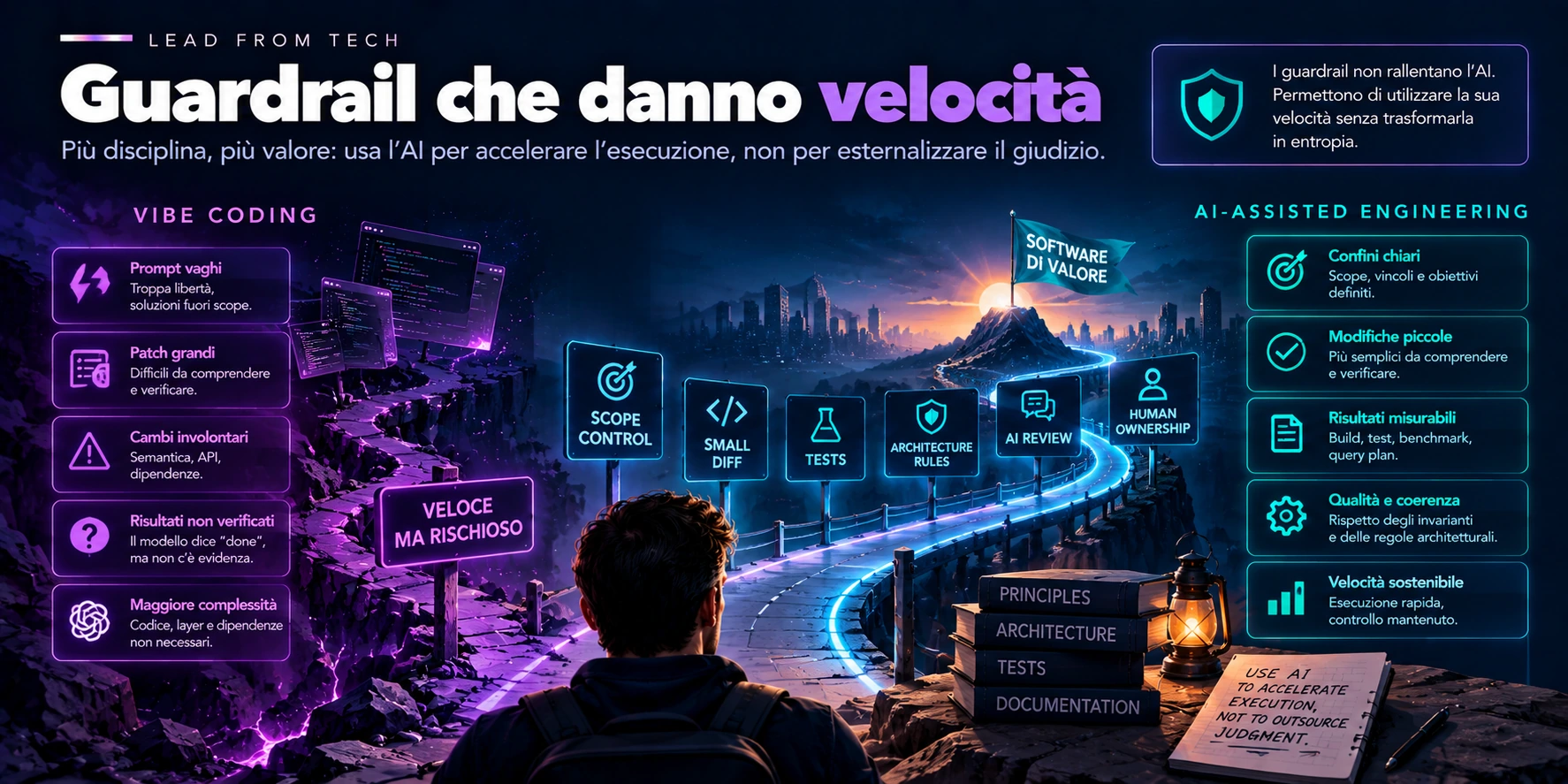 Guardrail dell’AI-assisted engineering: scope control, small diff, test, regole architetturali, review e ownership umana